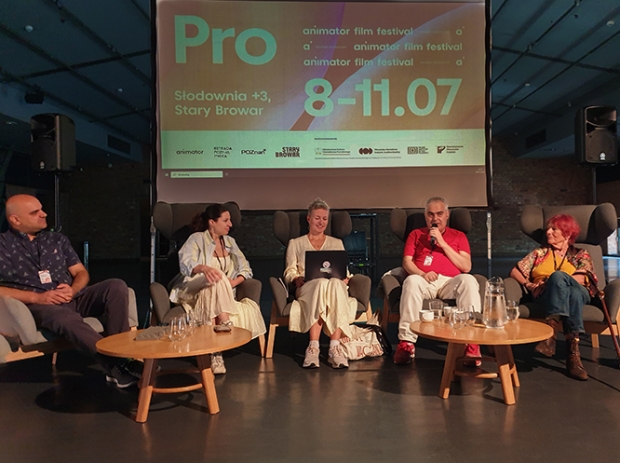 Animation journalists Panel, L - R Steve Henderson, Diana Martirosyan, Moderator Adriana Prodeus, Vassilis Kroustallis, and Nancy